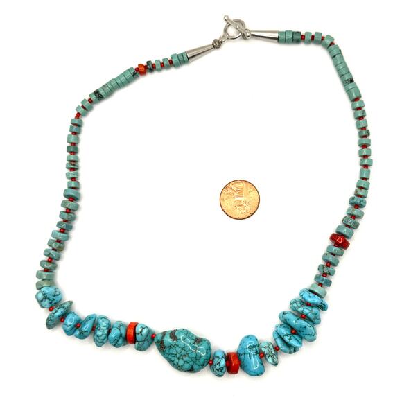 Turquoise Rondelle Bead Necklace Vintage Handmade Genuine Turquoise Chunk and Rondelle Bead Necklace